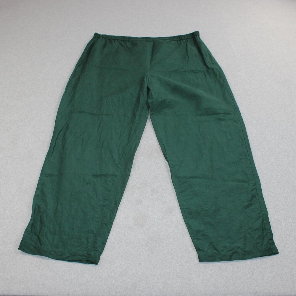 Eileen Fisher Linen Silk Pant Women Medium Green Wide Leg Crop Pull On Boho READ